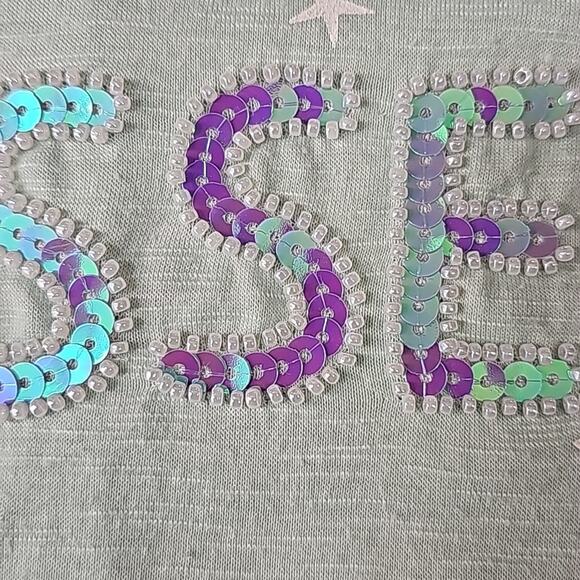 Womens Sz 18/20 Mint Green Pearls Stars Sequins Blessed Decorative V-Neck Top - Picture 4 of 12